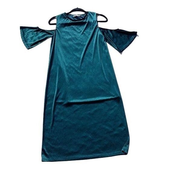 Zara Trafaluc Holiday Silky Cold Shoulder Midi Shift Dress Green Sz S - Picture 2 of 10